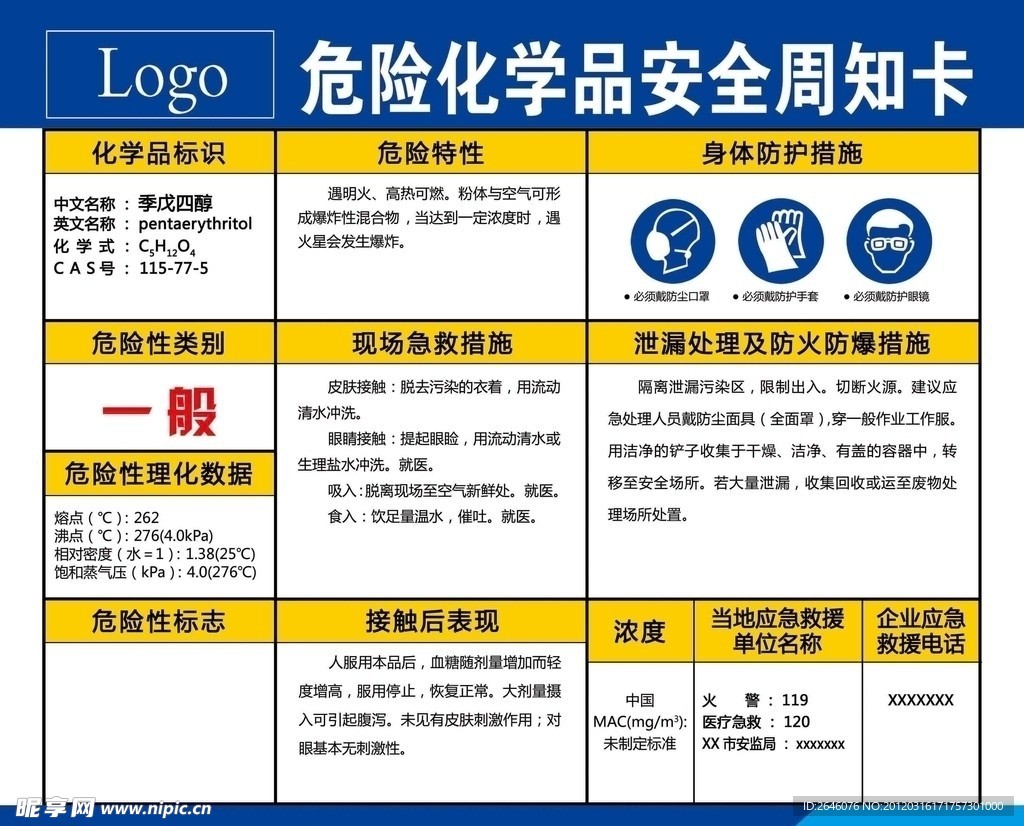 危险化学品安全周知卡 季戊四醇