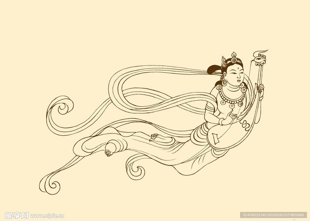 莫高窟161窟 晚唐 飞天伎乐 弯颈凤首琴