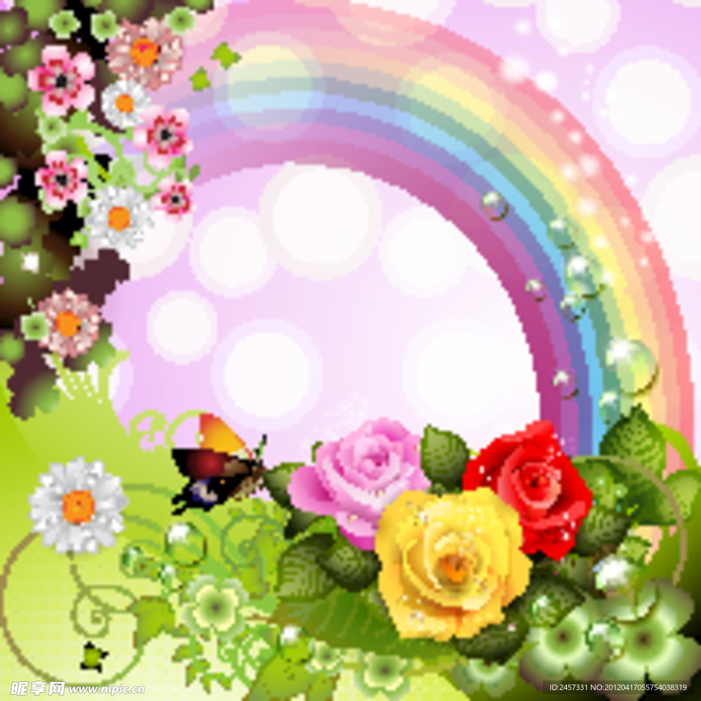 梦幻花朵蝴蝶彩虹 春天背景