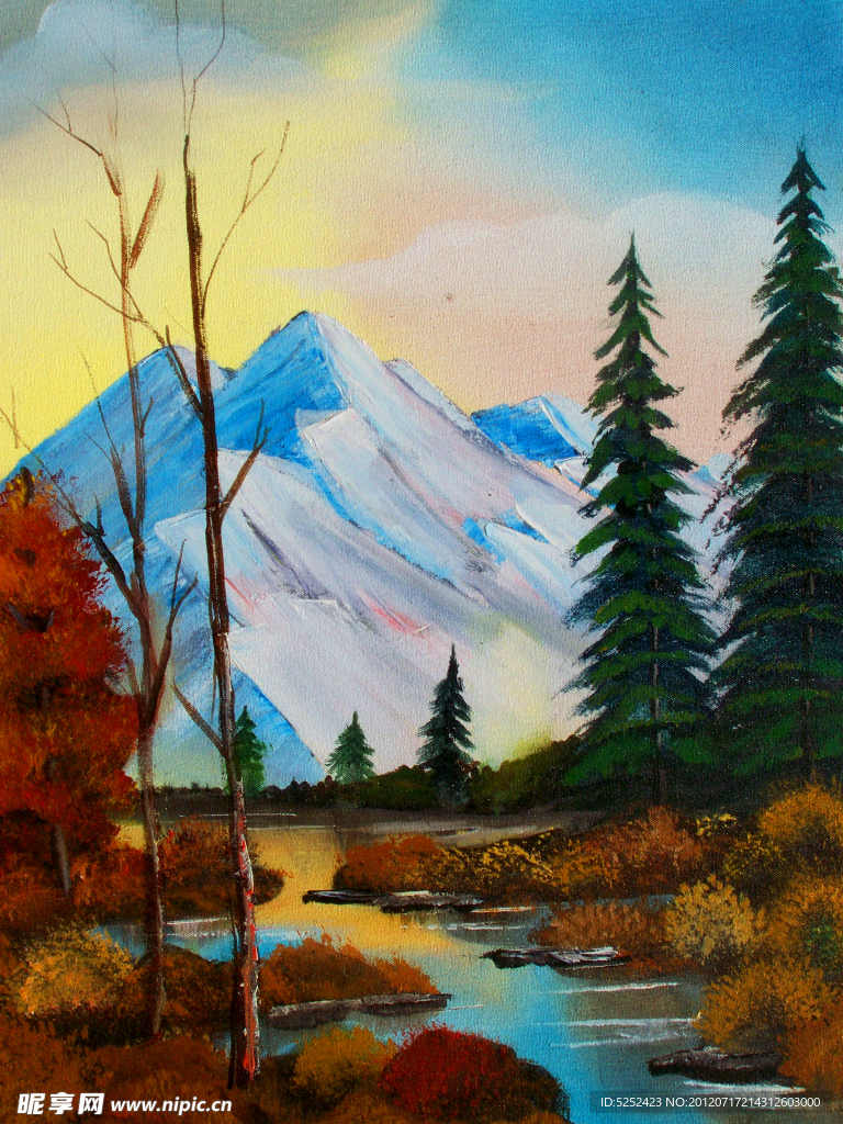 油画 雪山河流