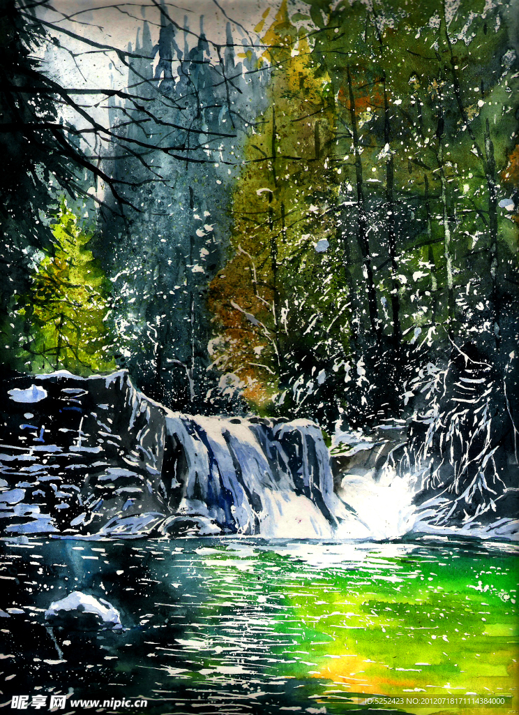 油画 冬天瀑布