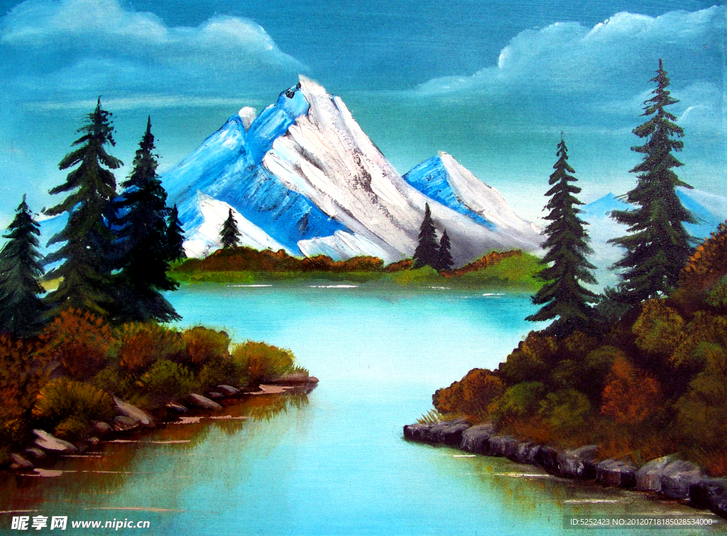 油画 雪山湖泊