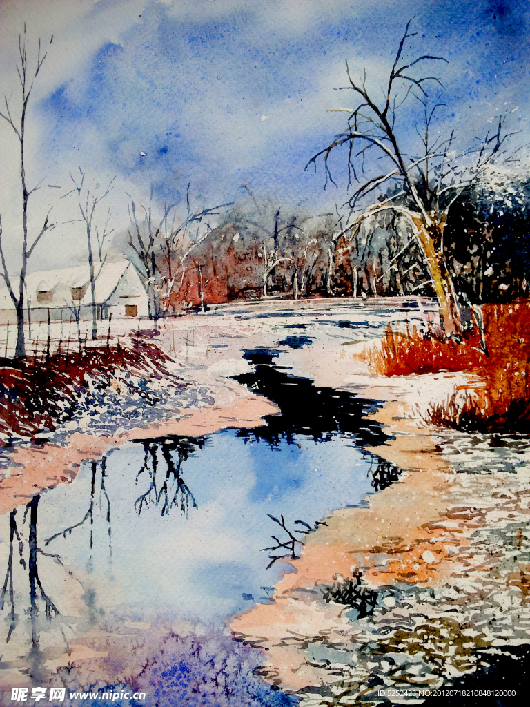 油画 冬季小河