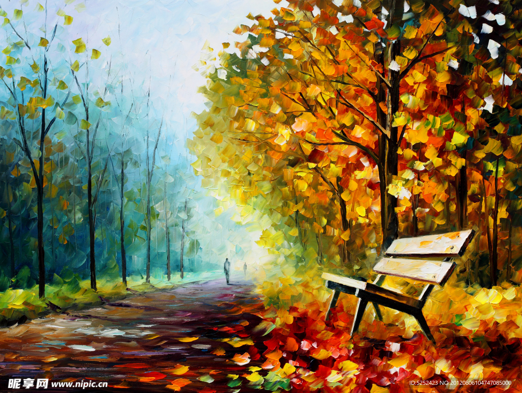 油画 公园秋景