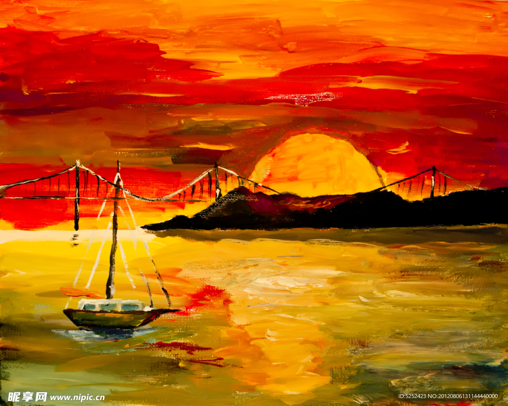 油画 海港日落
