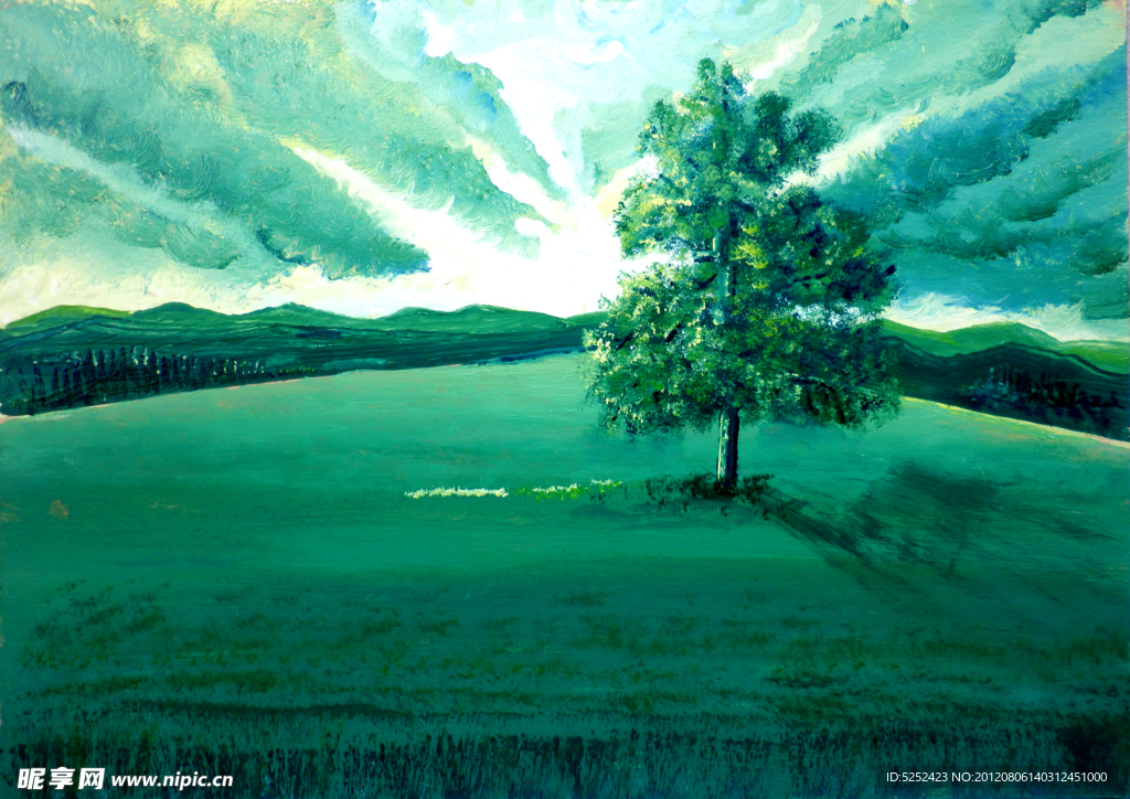 油画 山坡树木