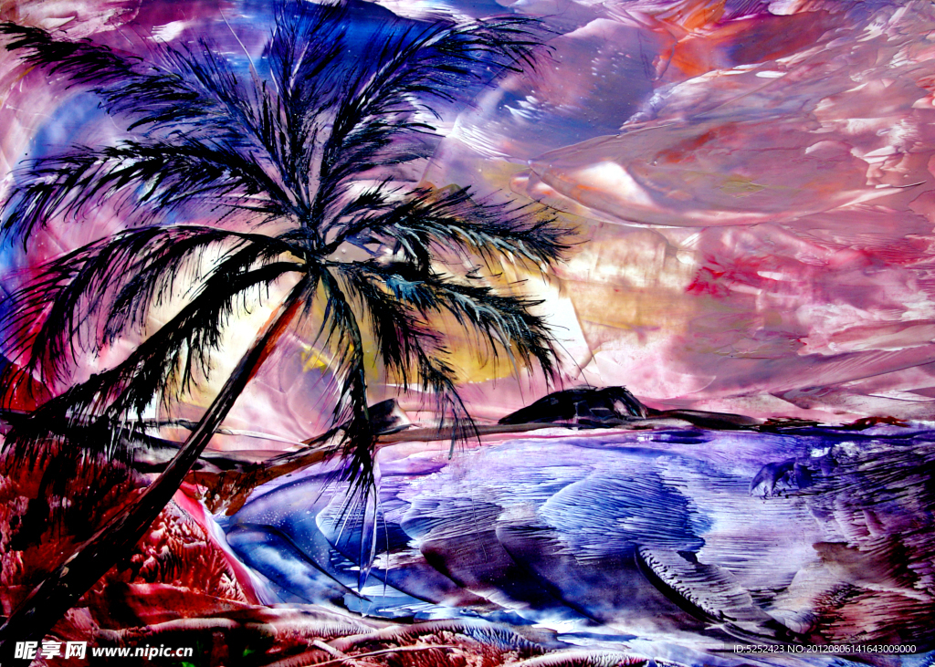 油画 海滩椰树