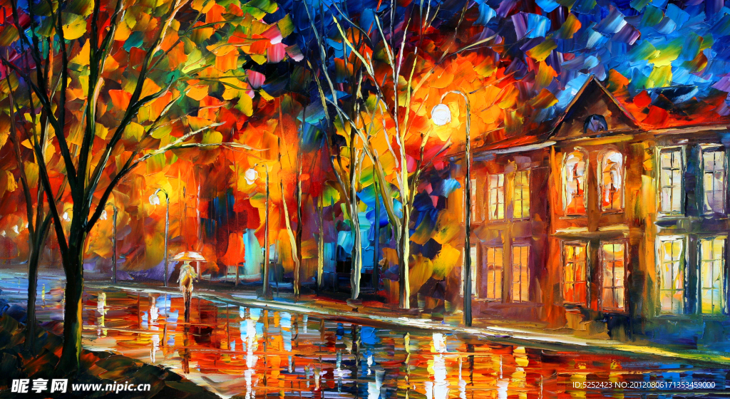 油画 城市夜雨