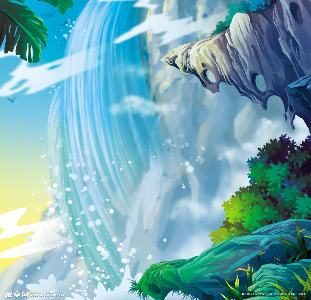 动漫场景瀑布山崖边