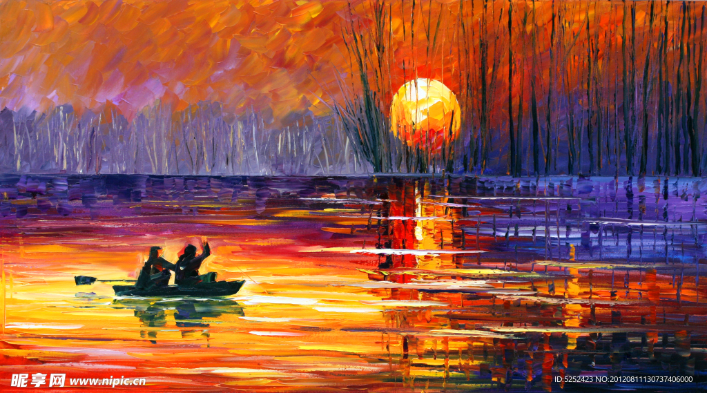 油画 日落垂钓