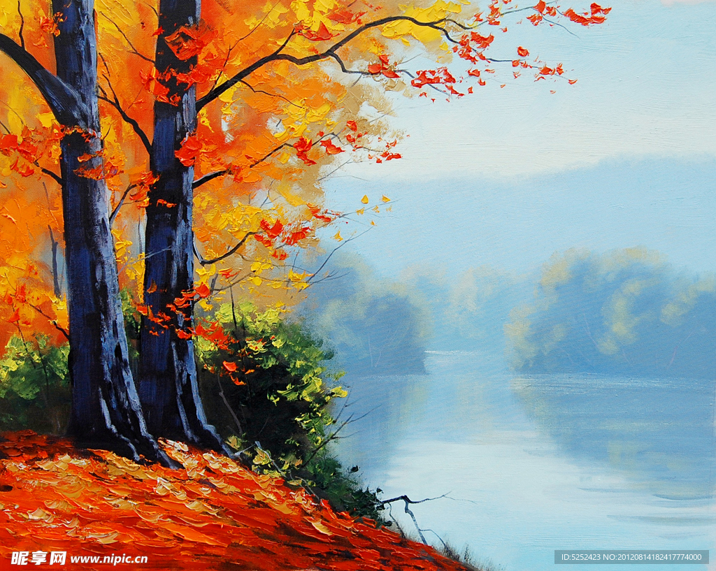 油画 湖岸秋色