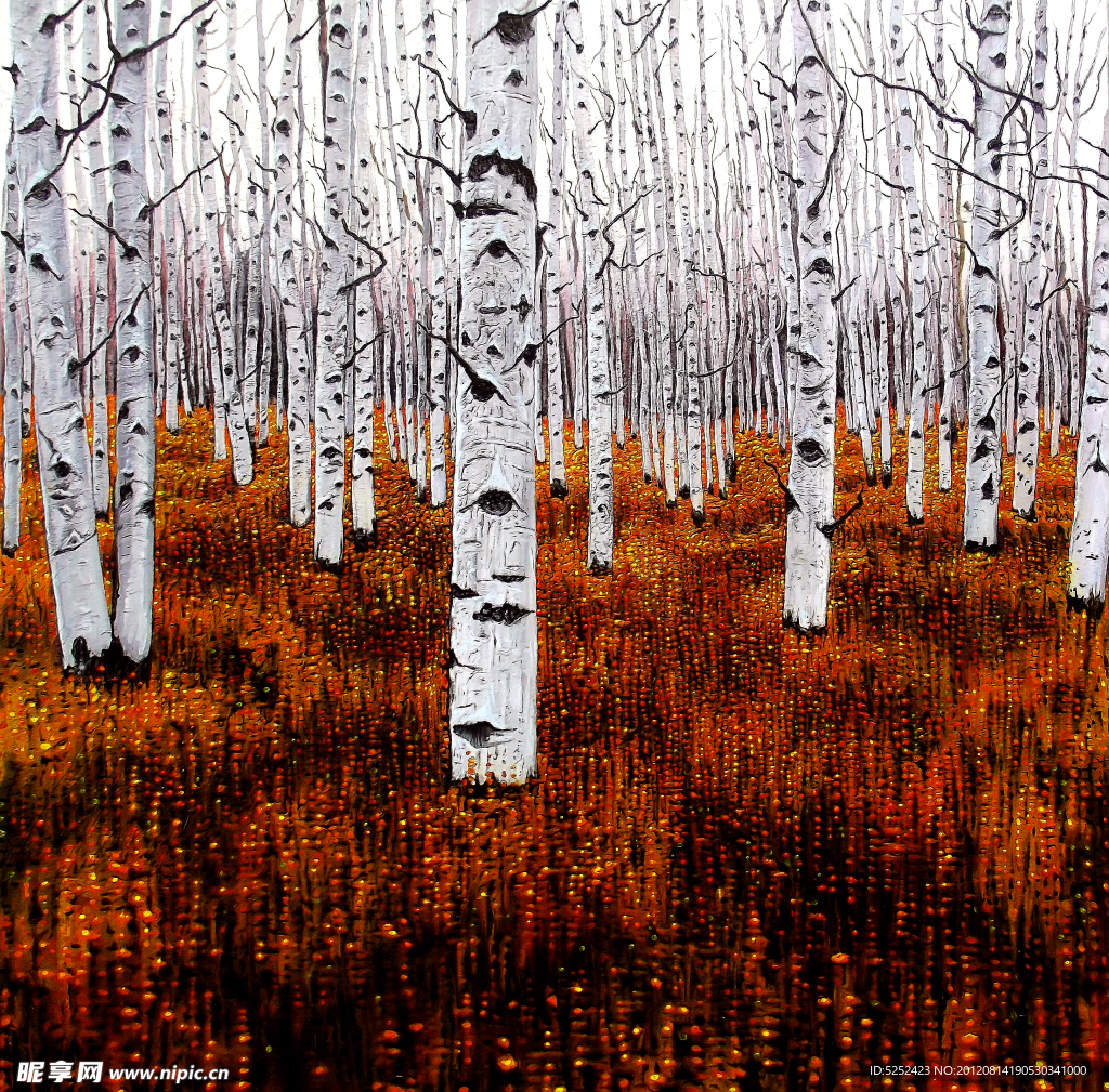 油画 白桦林