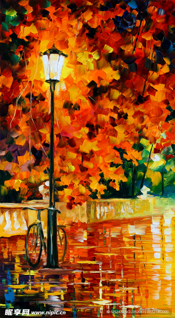油画 黄昏路灯