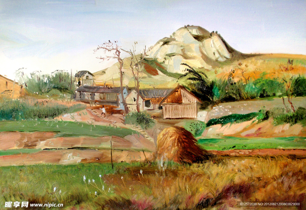 美术 油画 风景画 乡村 房屋 农家 树木 花木 油画艺术