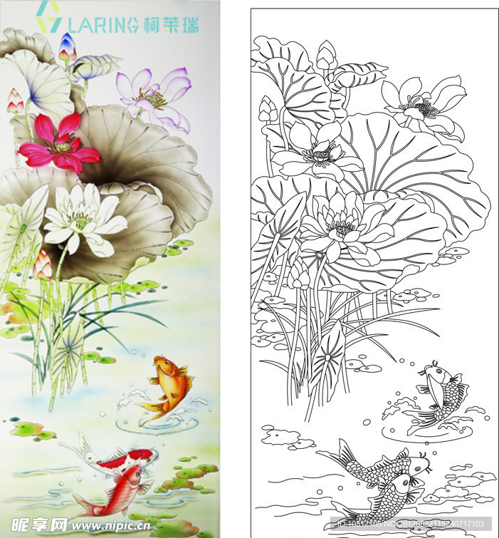 失量图 艺术玻璃 荷花鱼