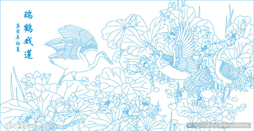 失量图 艺术玻璃 瑞鹤戏莲