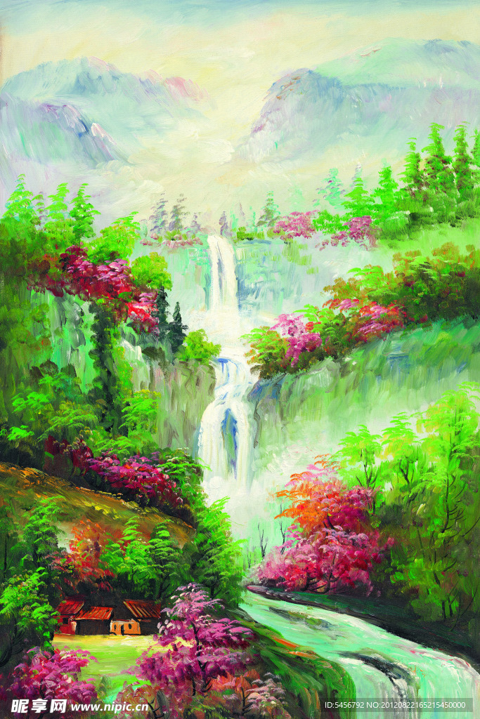 瀑布油画