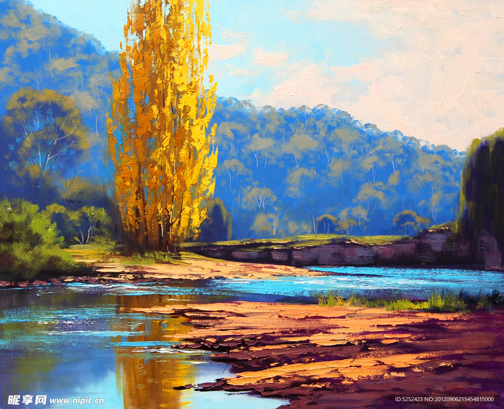 油画 秋天的河流