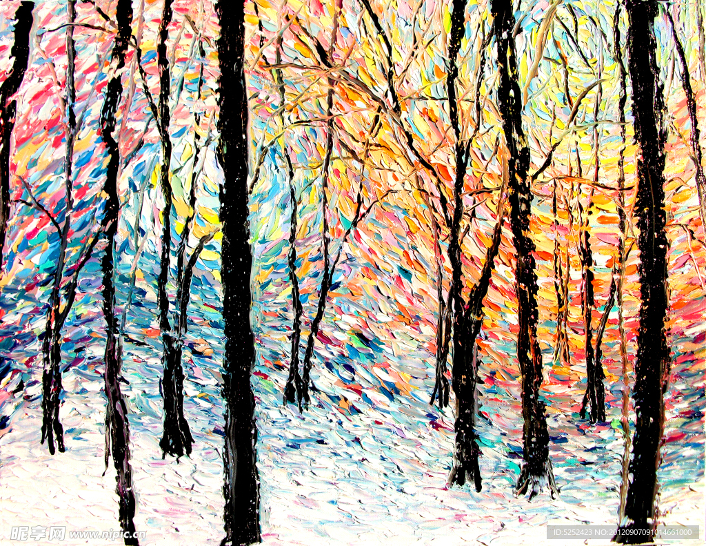 油画 冬天森林
