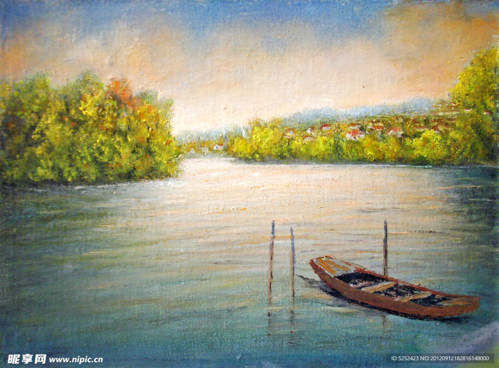 油画 湖泊小船