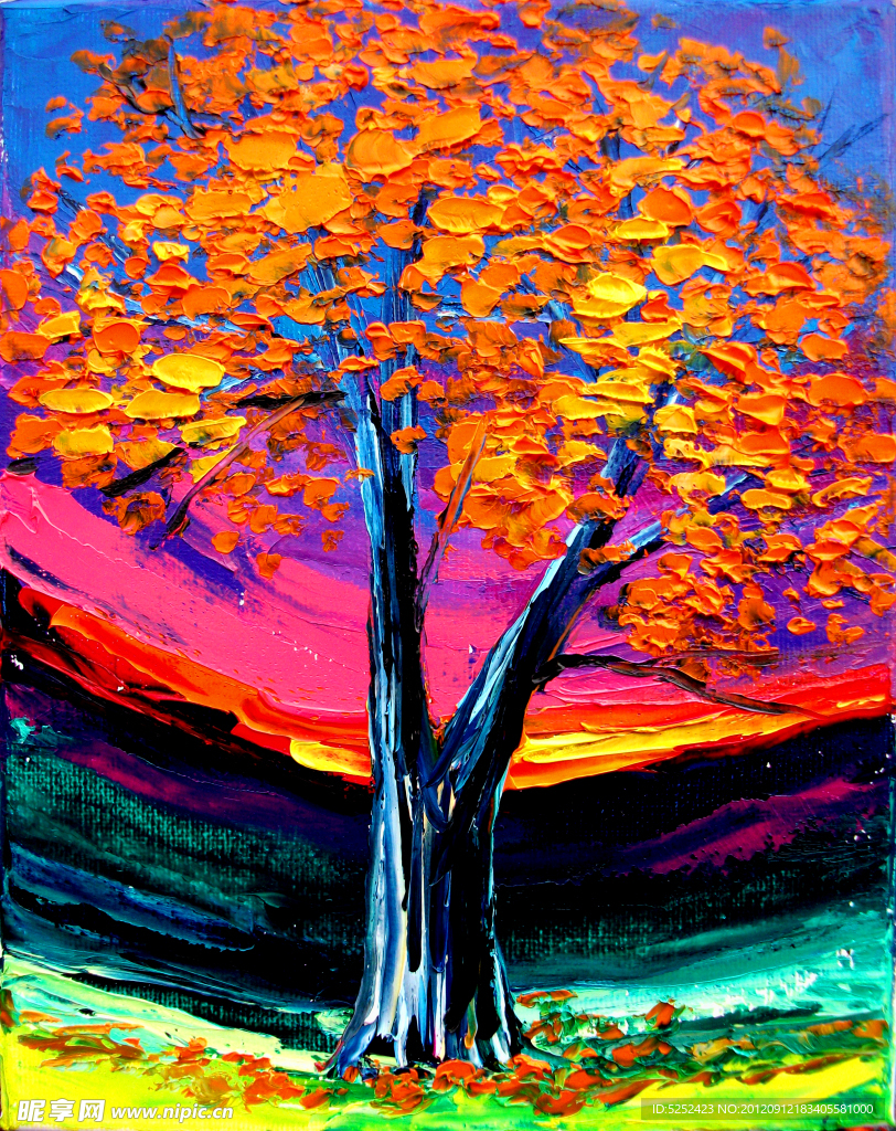 油画 秋天树木