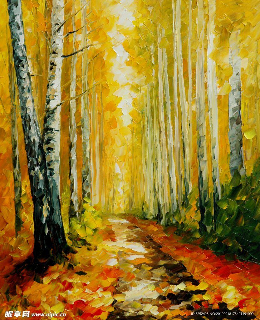 油画 秋天桦树