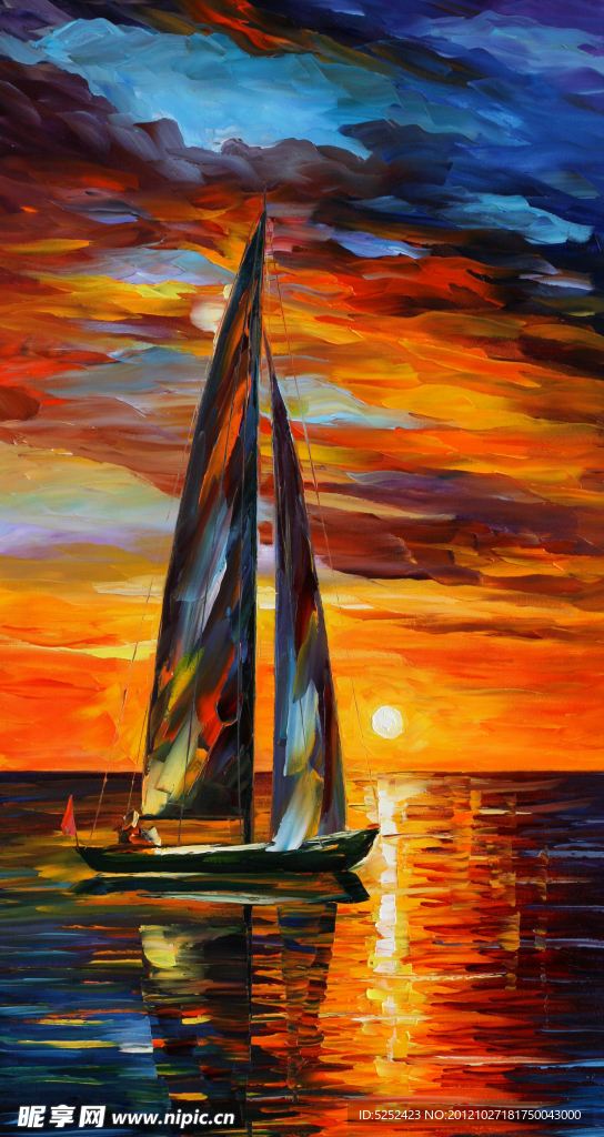 油画 晚霞帆船