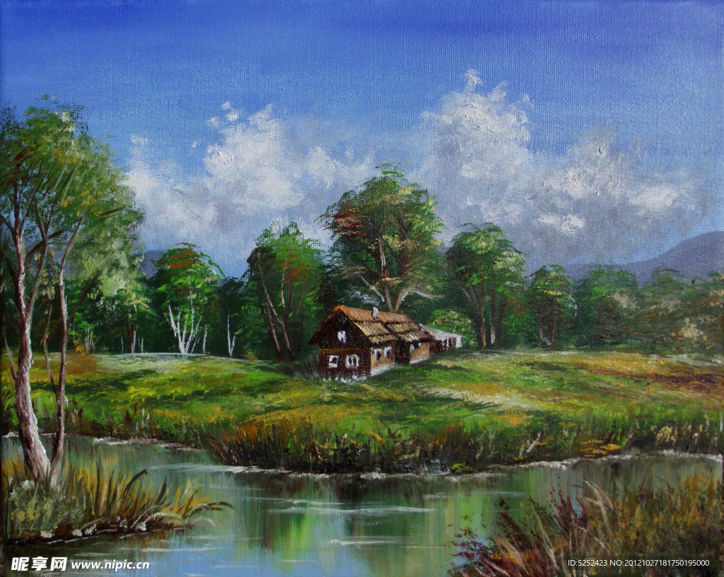 油画 河岸小木屋