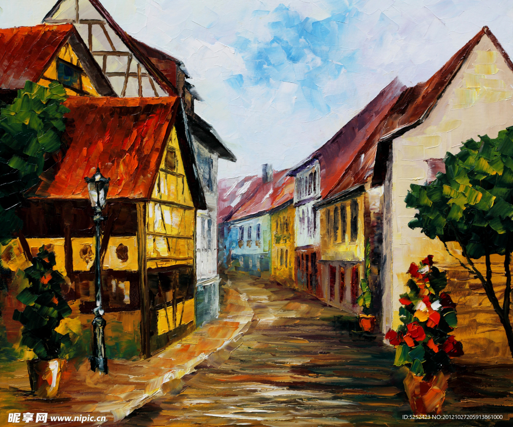 油画 小镇景色