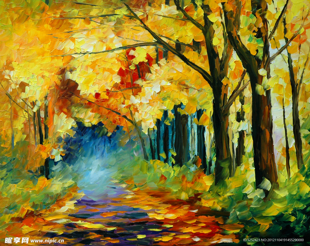 油画 秋天的小路