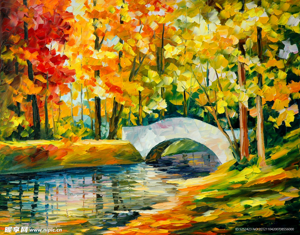 油画 秋天的小桥