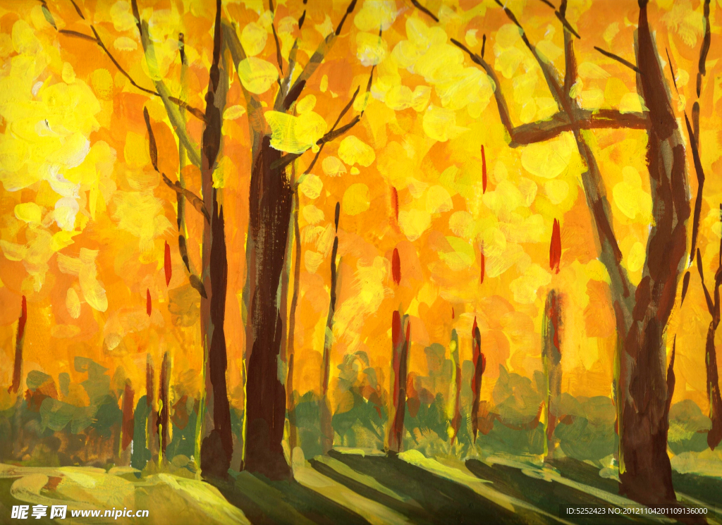 油画 金色的树林