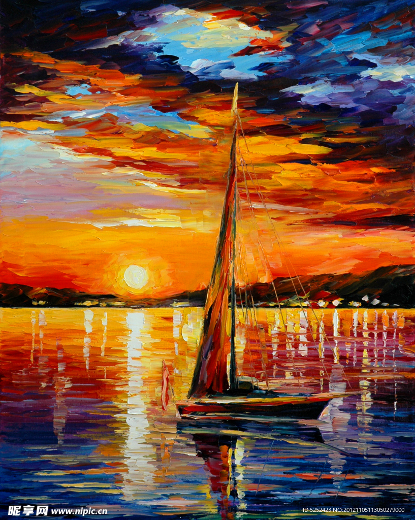 油画 日落帆船