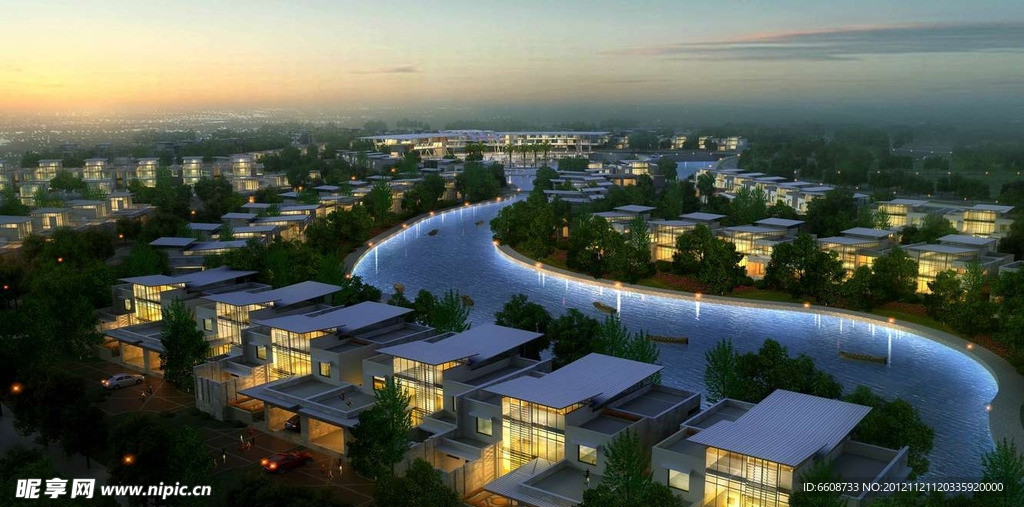 河岸别墅夜景图