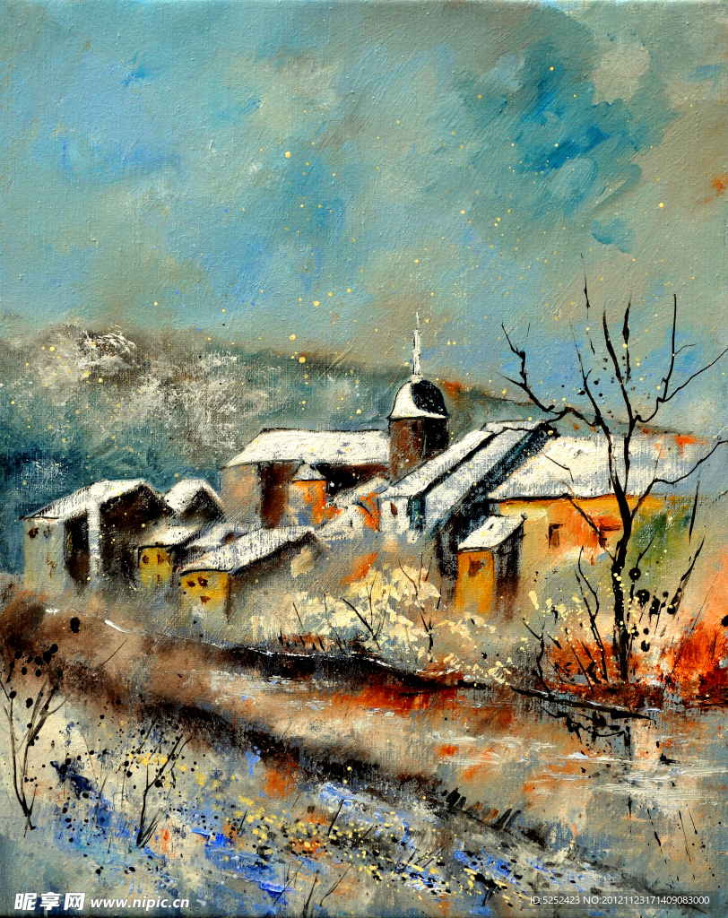 油画 冬天的村庄