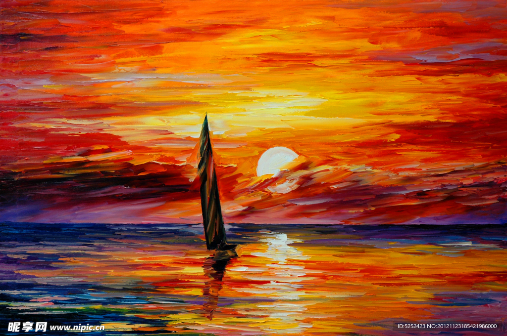 油画 孤独的帆船