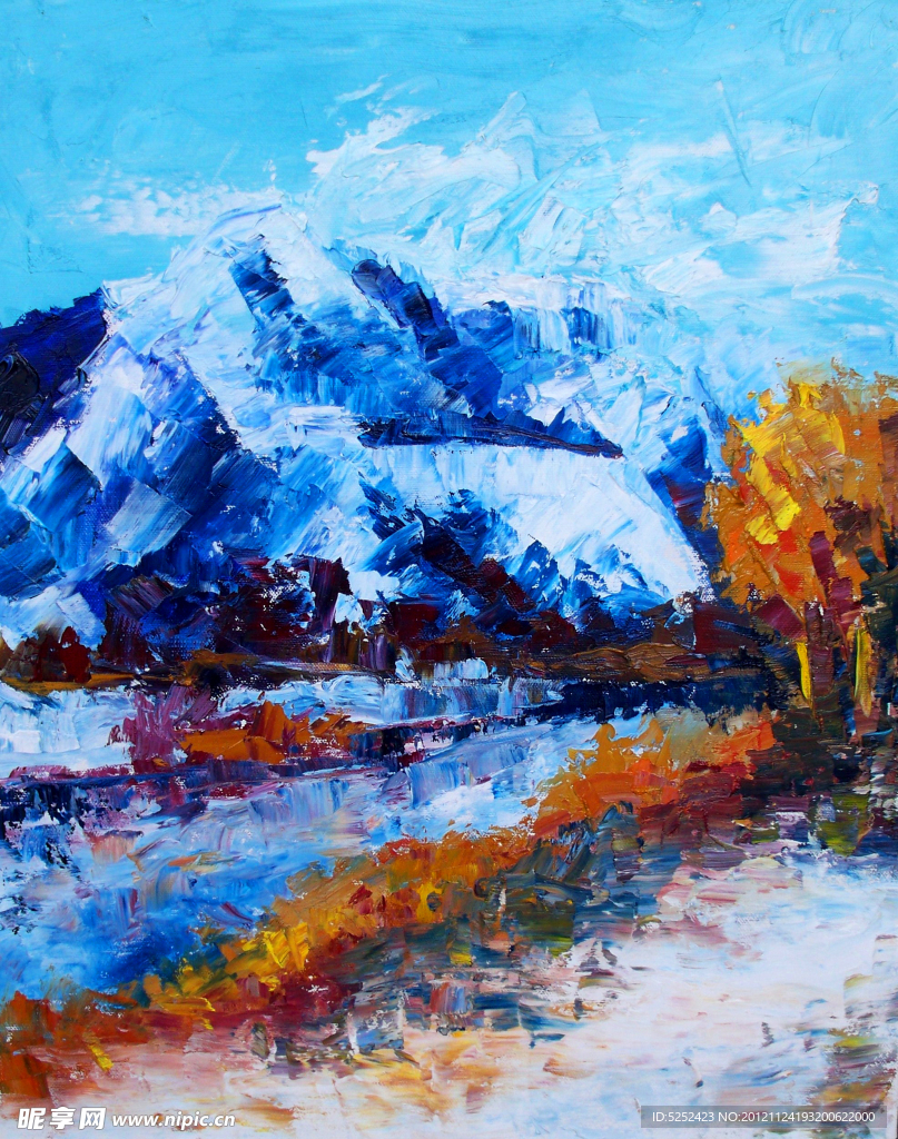 油画 雪山河流