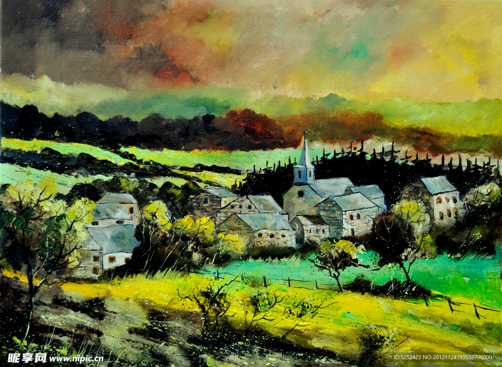 油画 山村景色