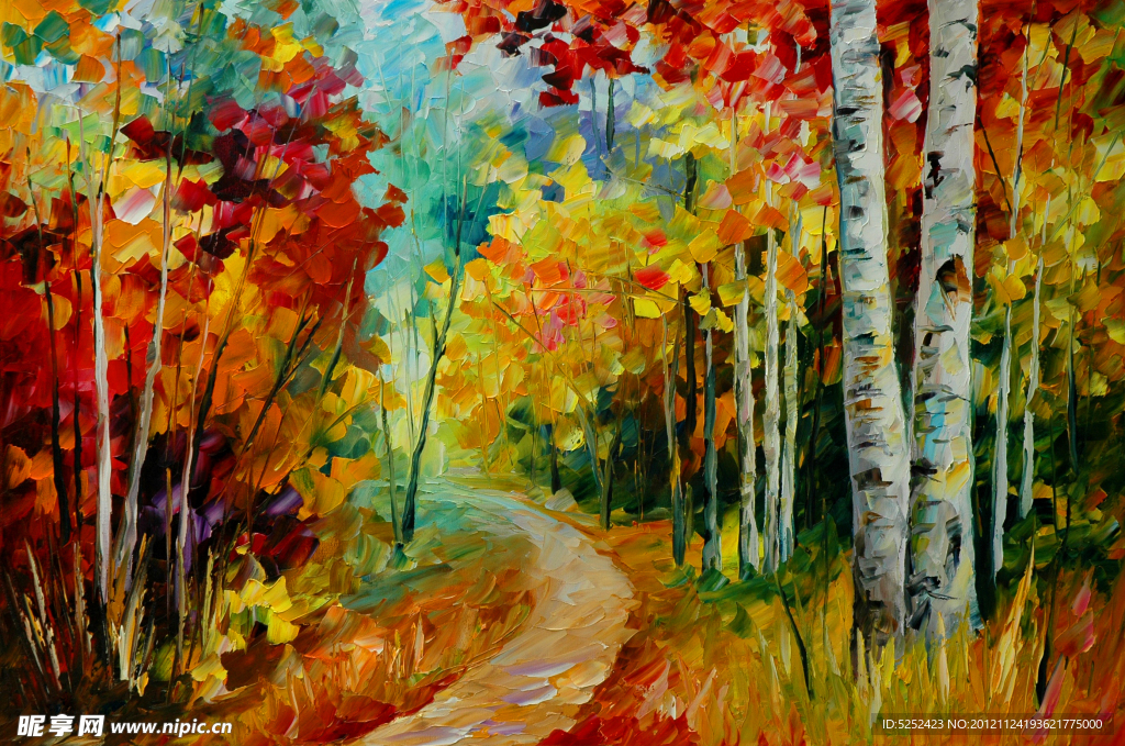 油画 秋天的桦树