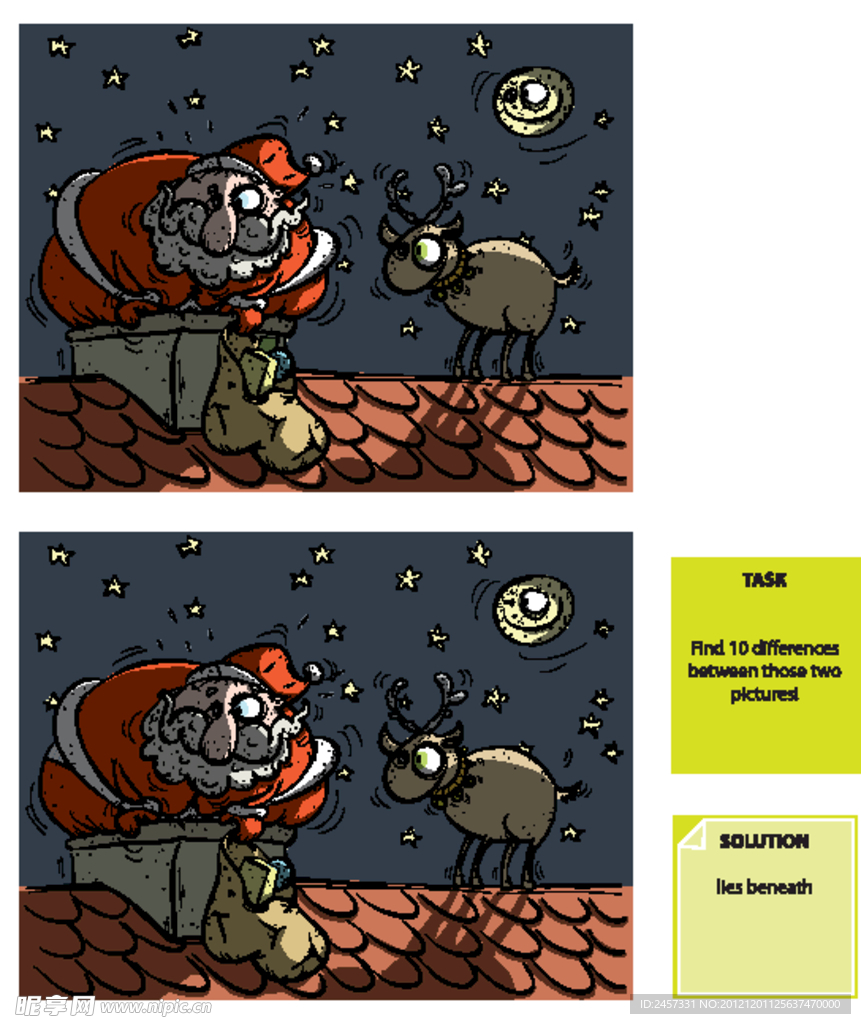 找不同图片 卡通屋顶上的圣诞老人