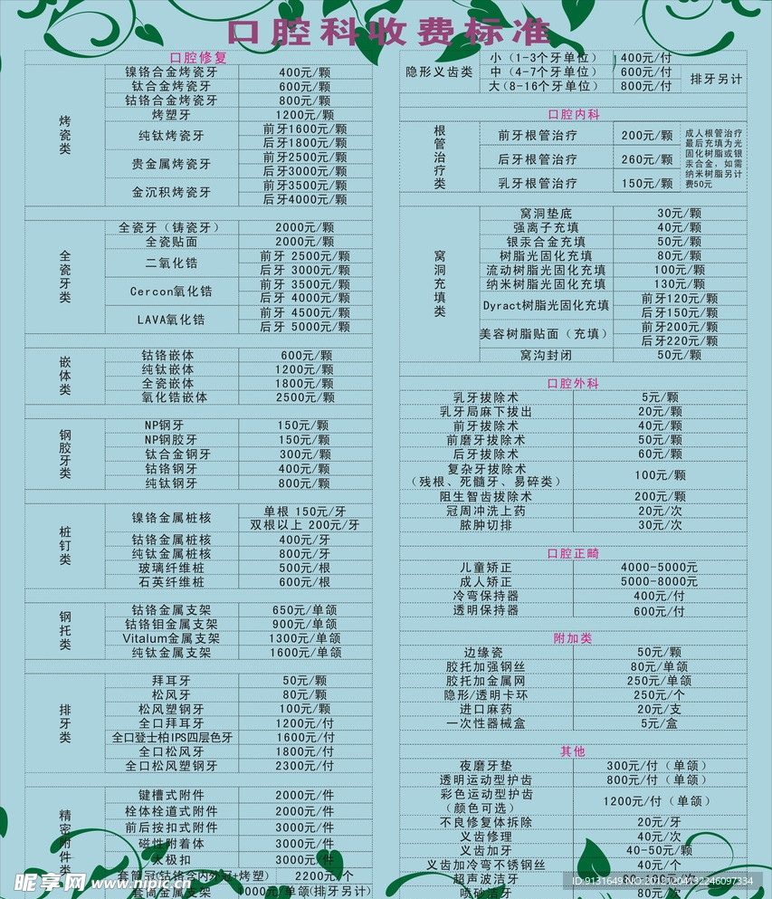 牙科价目表