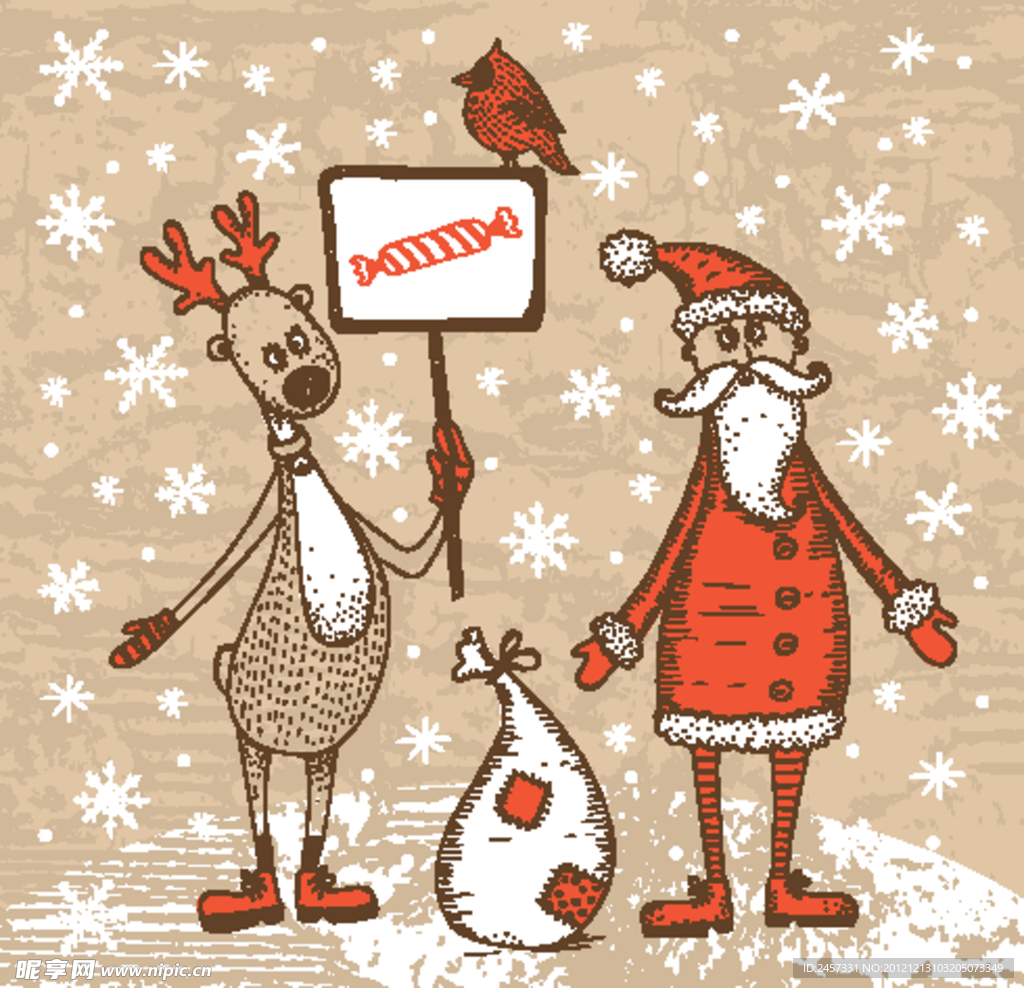 卡通圣诞老人梅花鹿 圣诞背景