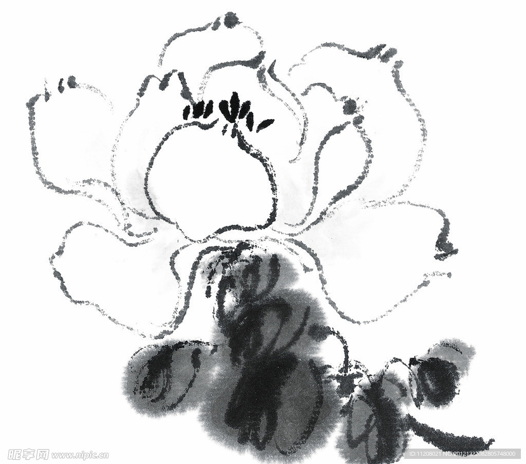 PSD分层素材透明背景中国画水墨植物