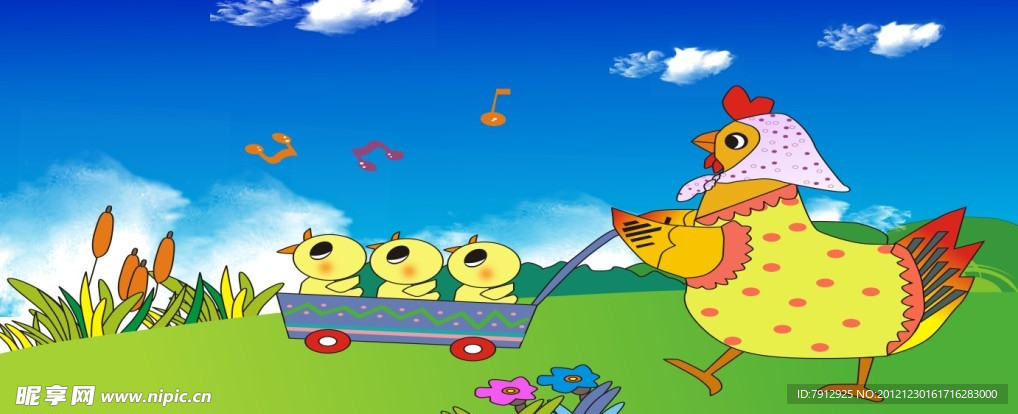 卡通鸡妈妈推小鸡