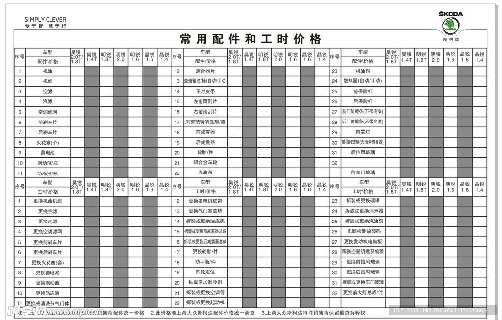 常用配件和工时价格