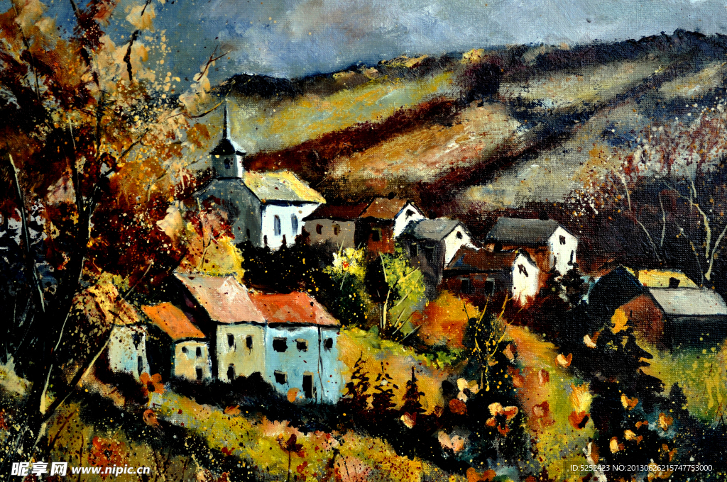 油画 山村秋色