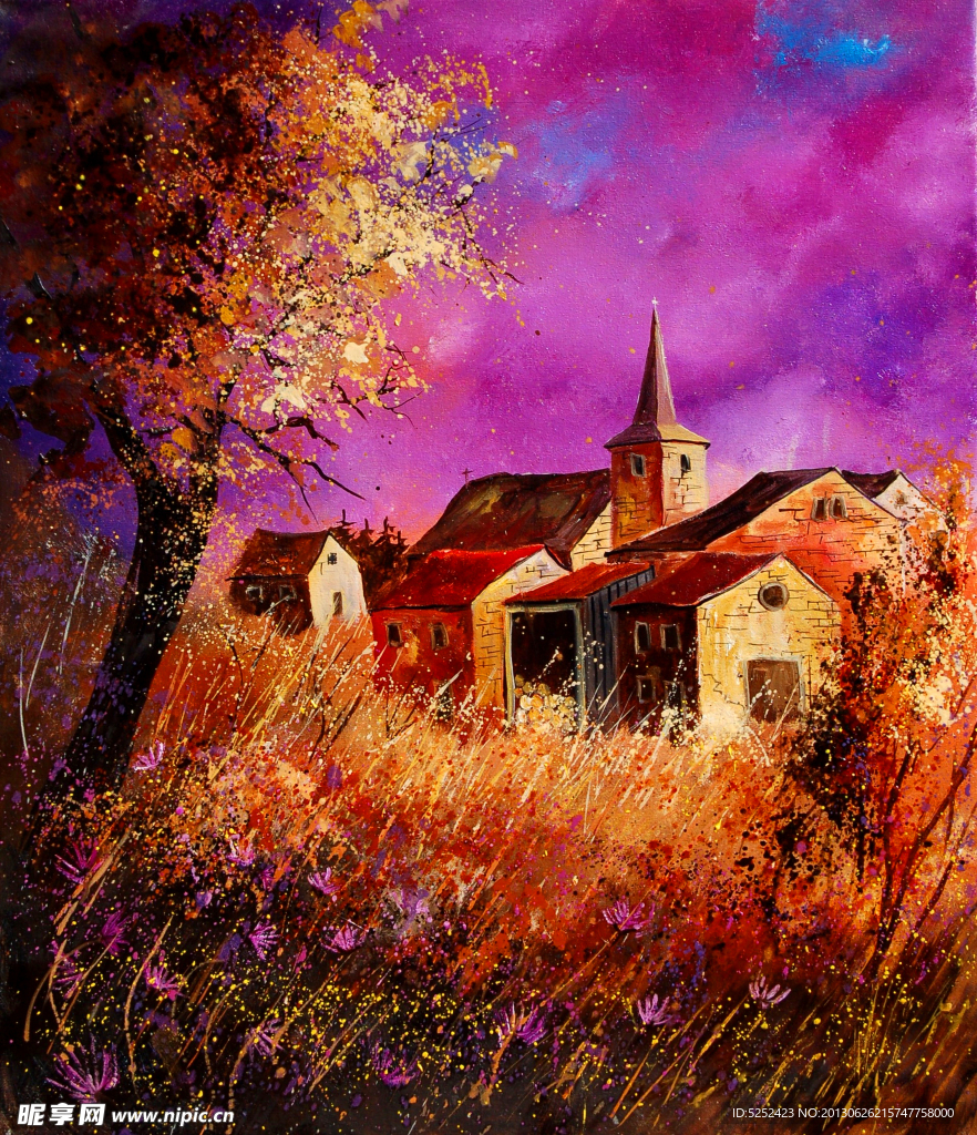 油画 秋色山村