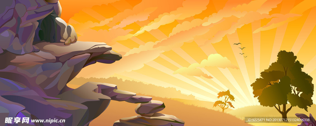 朝霞草地松树山峰