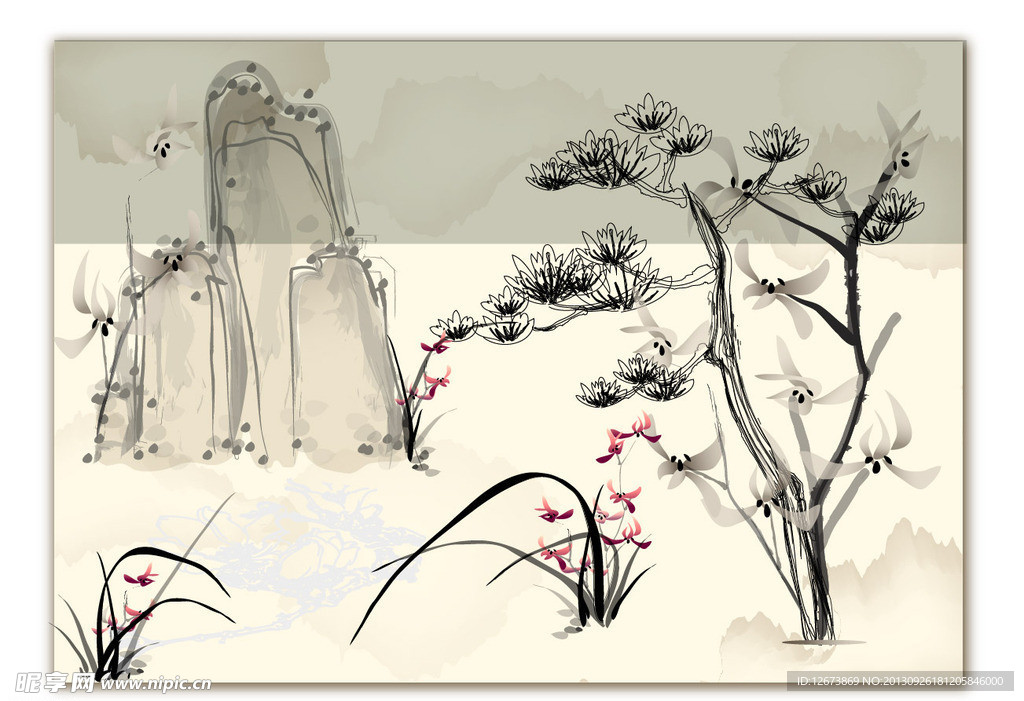 中国元素山水蓝草松树