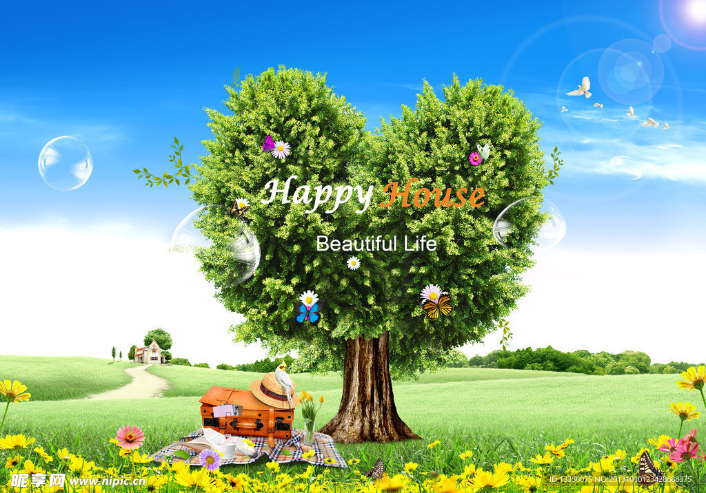 蓝天白云草地树木